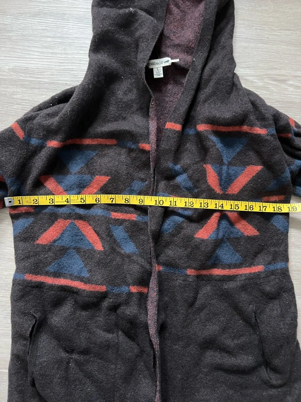 Toad&Co Brown Hooded Cardigan with Orange Blue Geometric Accents Merino Wool Lg - Picture 3 of 6